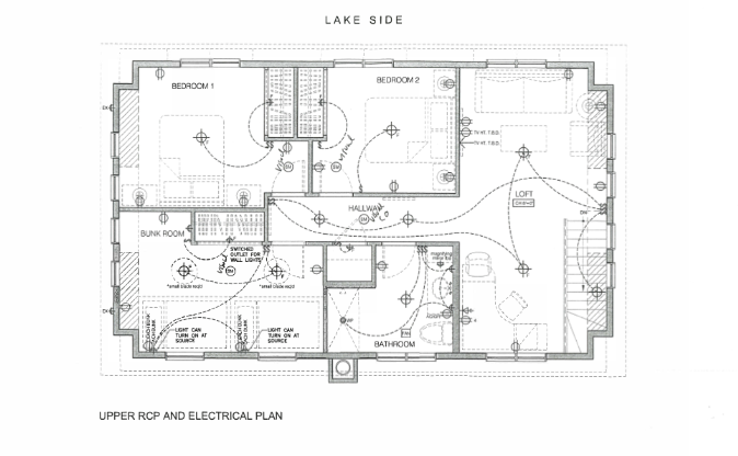 Upper Level RCP and Electrical Plan — Bedrooms, Hallway, Bunk Room, Bathroom
